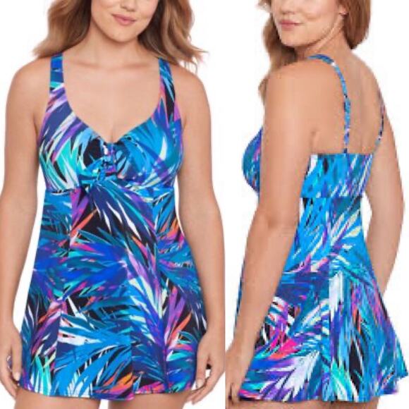 Swim Solutions Bow-Front Swim Dress Black Multicolor 60202186 Women's 10 NWT - Picture 1 of 10